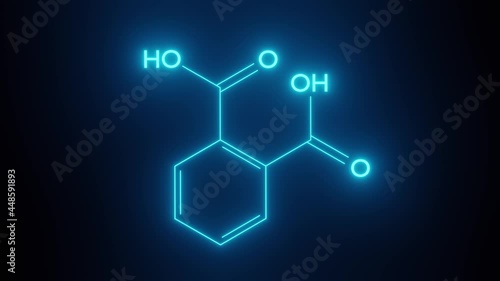 Chemical formula with neon illumination. Blue glowing neon formula of phthalic acid. Abstract animation, render photo