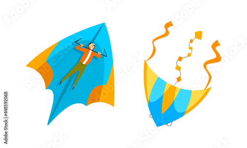 Man Paratrooper or Parachutist Paragliding with Winged Paraglider Vector Set