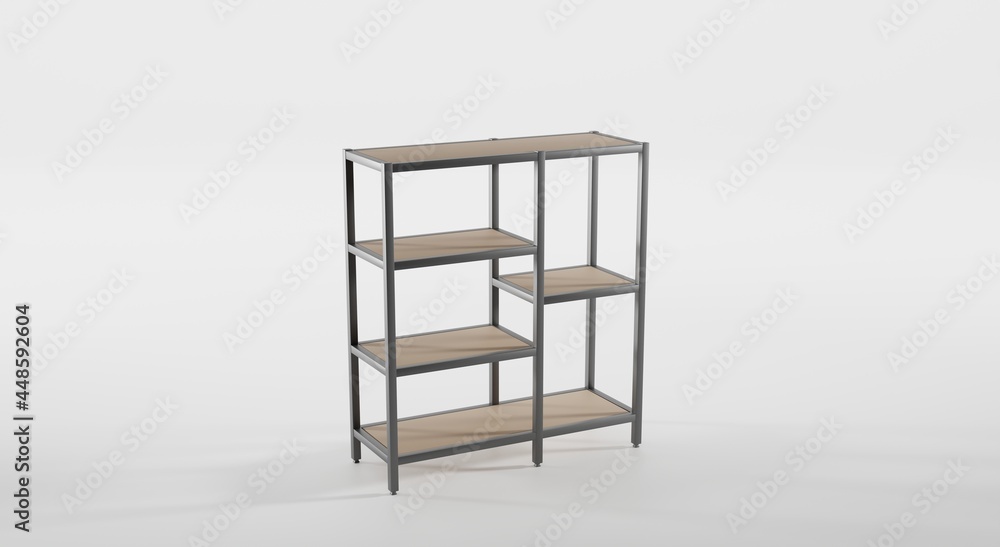Empty wooden shelving with metal base in perspective angle view. Rack in loft style for interior office or apartment, modern design. Mockup blank 3d shelves for storage isolated on white background Empty wooden shelving with metal base in perspective angle view. Rack in loft style for interior office or apartment, modern design. Mockup blank 3d shelves for storage isolated on white background