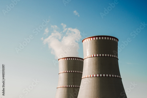 Tableau sur toile Ostrovets, Grodno region, Belarus - July 21, 2021: Nuclear power plant against the blue sky