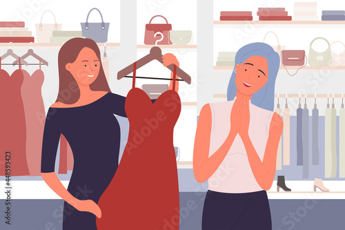 People buying stylish clothes at clothing store or apparel boutique, consumers shopping vector illustration. Cartoon woman buyer characters standing, holding new dress on a hanger to buy background
