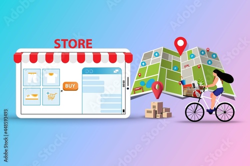Concept of online to offline shopping, young women ride a bicycle to pick up the goods at store in a background of map and marker in perspective view.