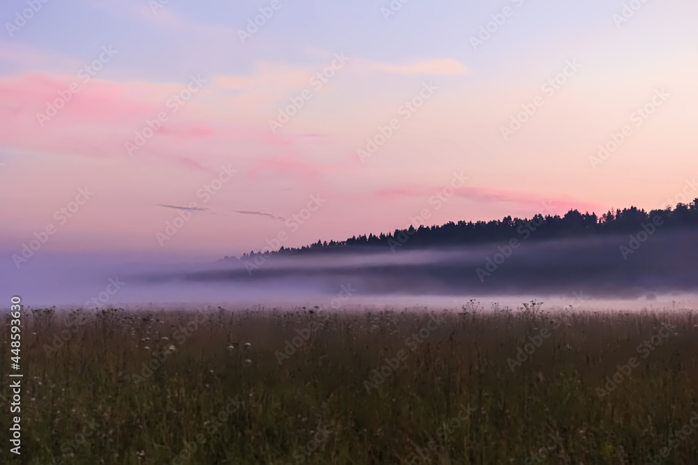 Fototapeta premium Colorful sunset sky over misty summer field