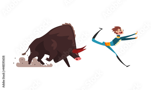 Bullfighter or Matador Escaping from Furious Bull Vector Set
