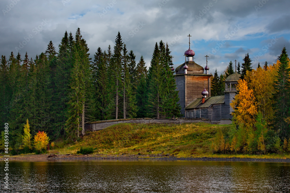 Kuganavolok, Karelia. Russia. October 03, 2018. The Orthodox Church of Elijah the Prophet, built entirely of wood, of the St. Elijah Monastery on the island of Maly Kolgostrov on Lake Vodlozero.
