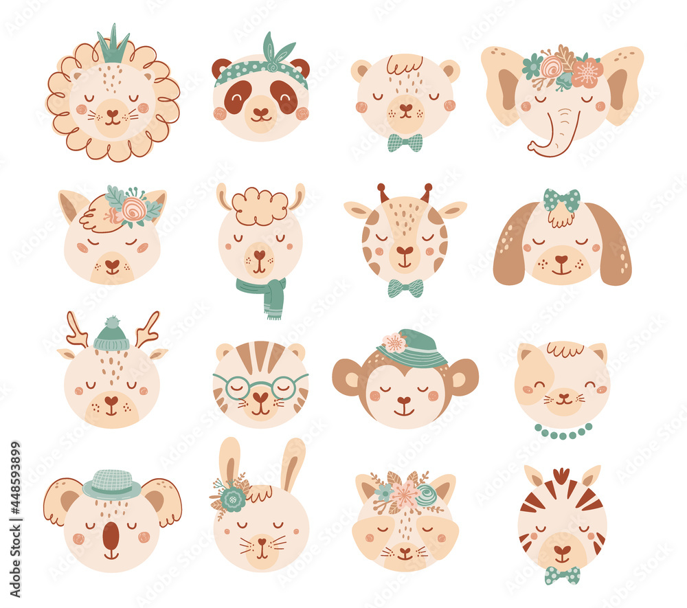 Obraz premium Set with faces cute animals in pastel colors for children. Collection animal characters with flowers in flat style. Illustration with cat, dog, lion, panda, bear isolated on white background. Vector