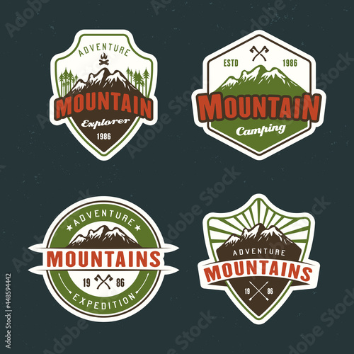 Mountain travel and outdoor adventure set of vector colored emblems, stickers, labels, badges and logos