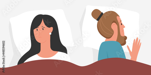 Unhappy young couple people in bed, love relationship problem vector illustration. Cartoon sad man woman lover characters lying together on pillow under blanket in quarrel, bedroom top view background