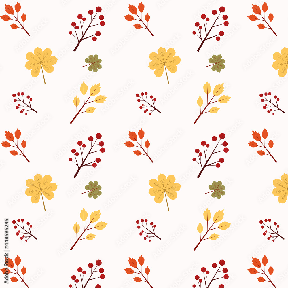 Autumn pattern with leaves and rowan. Wallpaper, background.
