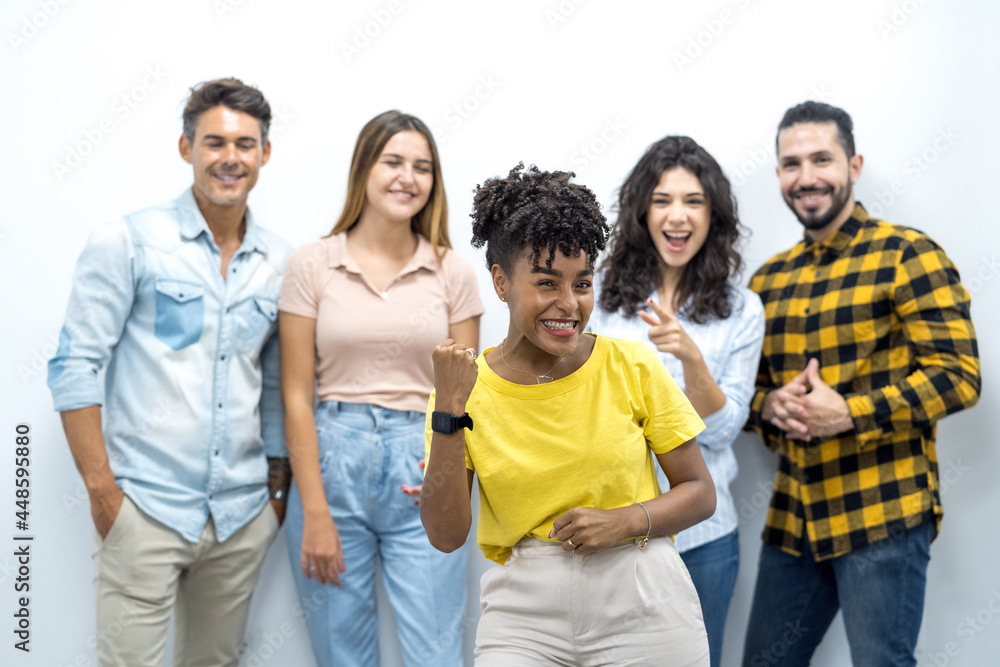 successful caucasian businesswoman in a business meeting. Front view of smiling group of mixed race freelancers working at home