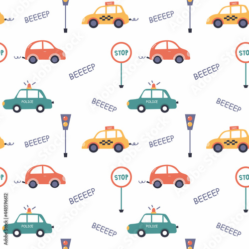 Seamless pattern with children's-style typewriters. Taxi, police and road signs.