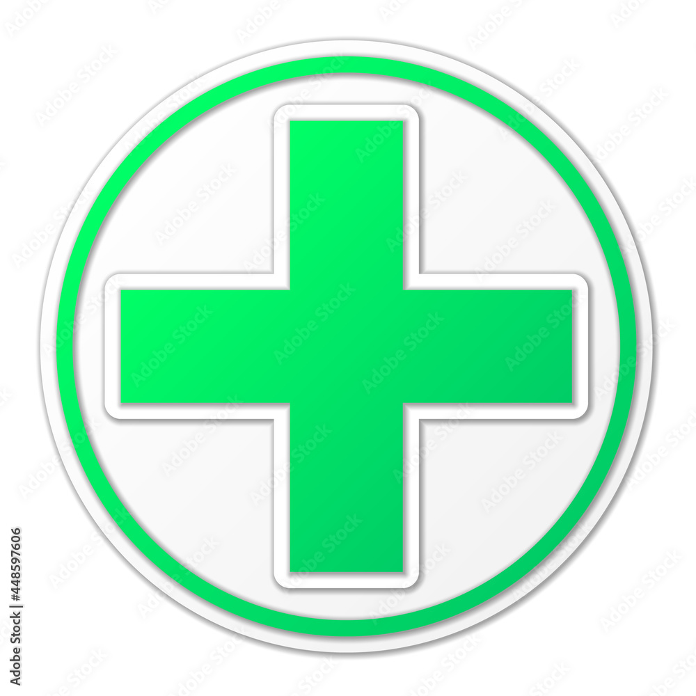 Fototapeta premium Big green plus sign with white frame in the circle. Sign on white background with shadow. Vector illustration.