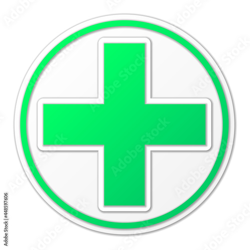 Big green plus sign with white frame in the circle. Sign on white background with shadow. Vector illustration. photo