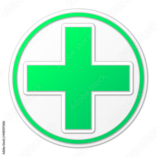 Big green plus sign with white frame in the circle. Sign on white background with shadow. Vector illustration.