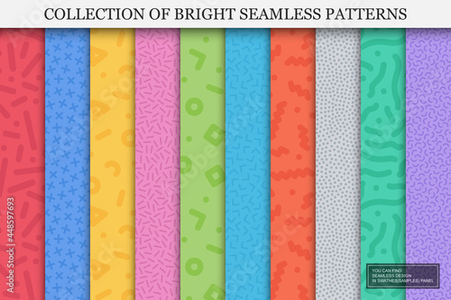 Collection of bright colorful seamless patterns. Creative trendy backgrounds. You can find repeatable design in swatches panel