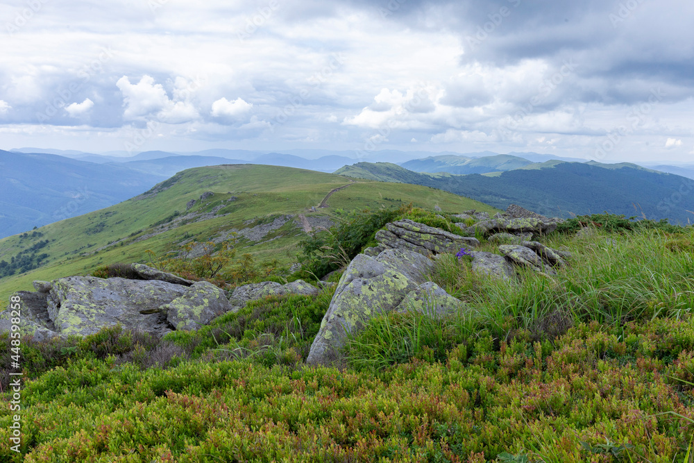 Verkhovyna Watershed Range, Pikui Mountain. Carpathian mountains with grassy slopes and rocks on Pikuy mount. Beautiful mountain landscape in summer Verkhovyna Watershed Range, Pikui Mountain. Carpathian mountains with grassy slopes and rocks on Pikuy mount. Beautiful mountain landscape in summer
