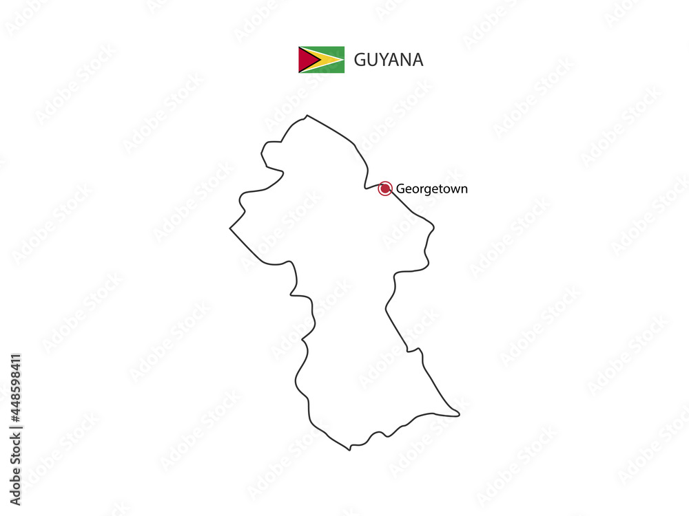 Hand draw thin black line vector of Guyana Map with capital city Georgetown on white background.
