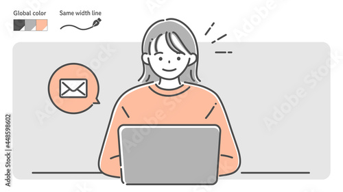 PCでお問い合わせメールを送る若い女性のイラスト