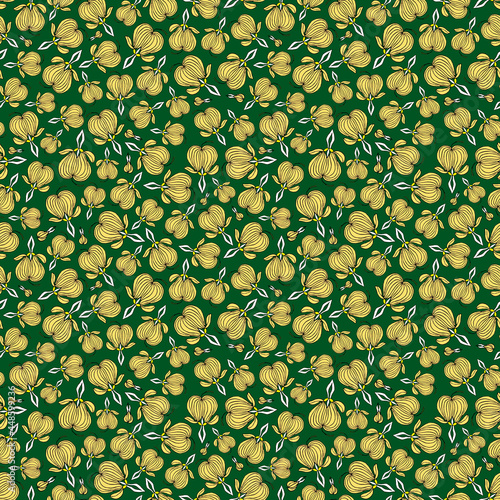 Seamless botanical green pattern with yellow dicentra gorgeous flowers 