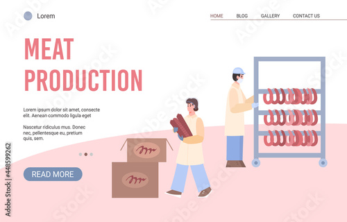 Meat production industry website interface, flat cartoon vector illustration.