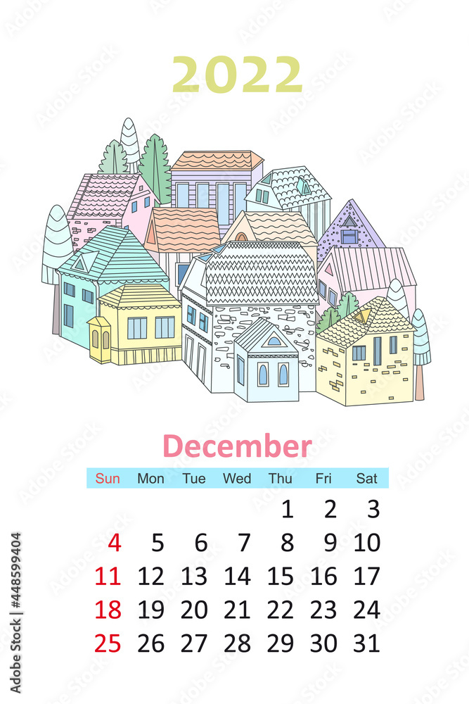 lovely cityscape calendar 2022. cute houses and winter trees. de
