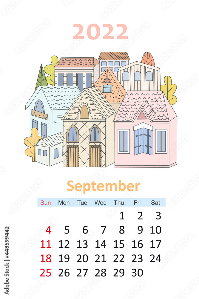 lovely cityscape calendar 2022. cute houses and autumn trees. se