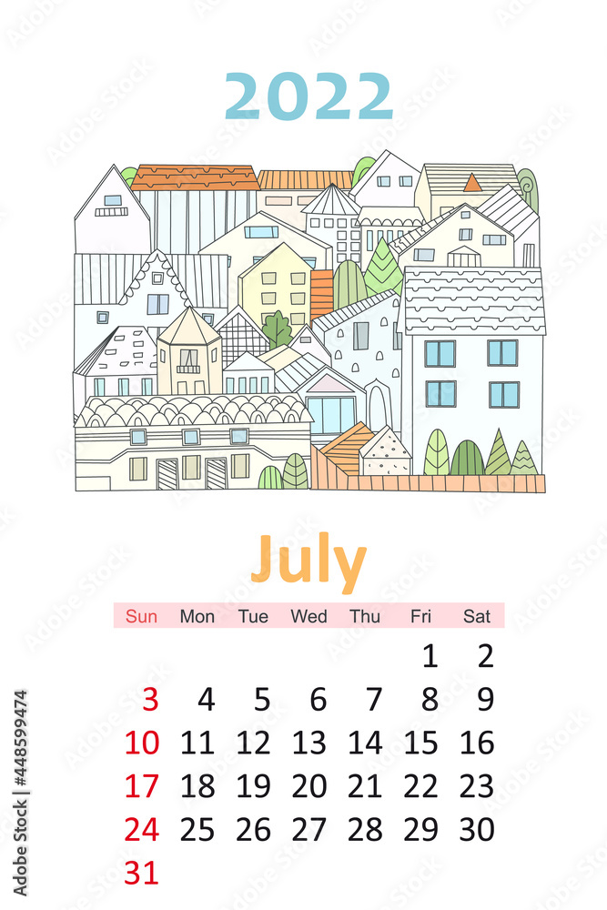 lovely cityscape calendar 2022. cute houses. july