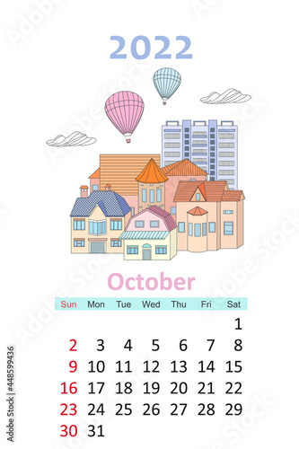 lovely cityscape calendar 2022. cute houses and hot air balloons