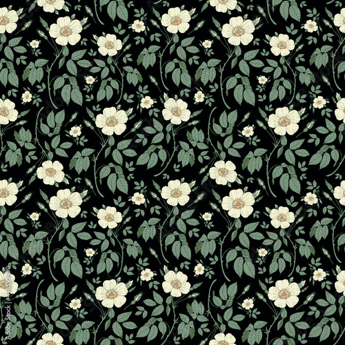Seamless botanical dark pattern with wild rose flowers 