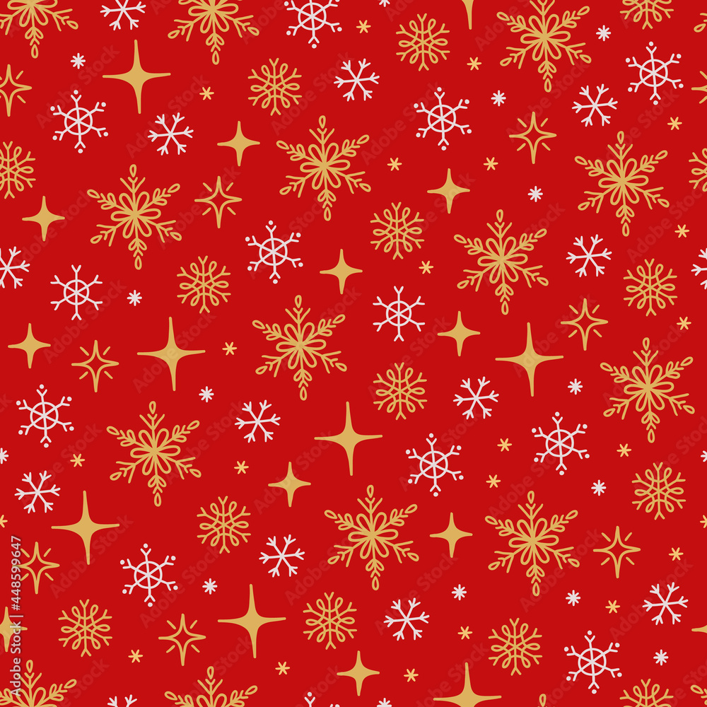 Christmas seamless pattern with snowflakes and stars on red background Christmas seamless pattern with snowflakes and stars on red background