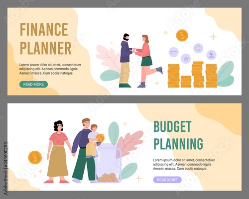 Finance and budget planner web banners or posters, cartoon vector illustration.