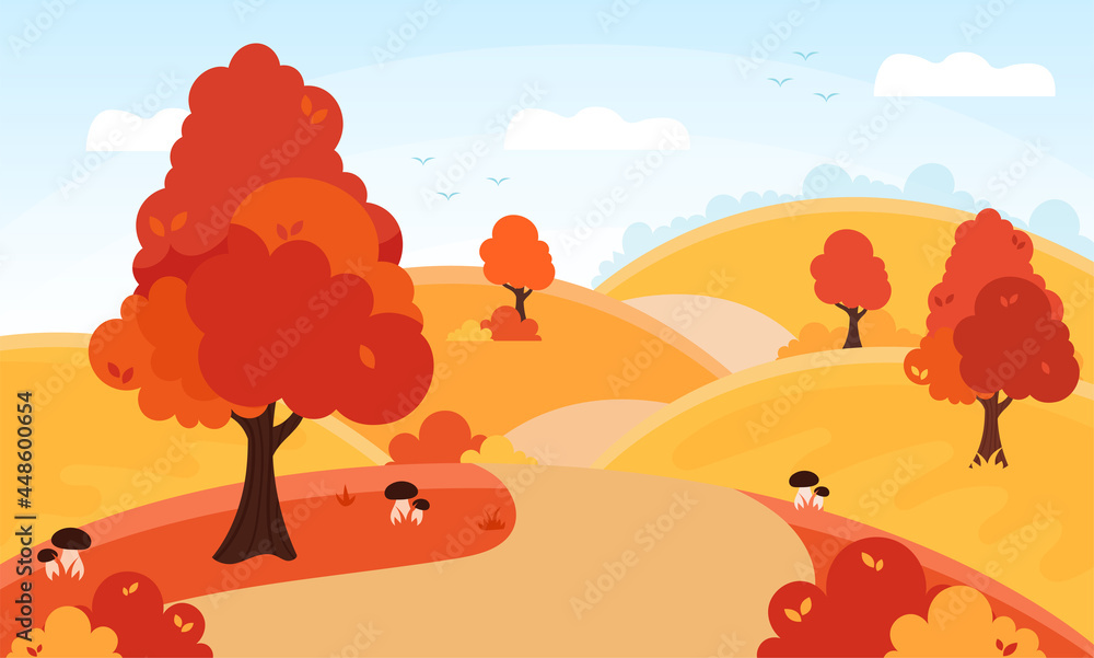 Autumn landscape with lettering. Country road. Forest path through golden color hills. Forest and fields. Fall season, countryside view. Flat style vector illustration. For banner, print, poster..