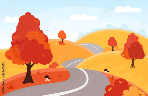 Autumn landscape. Country road through golden color hills. Forest and fields. Fall season  countryside view. Flat style vector illustration. For banner  print  poster..