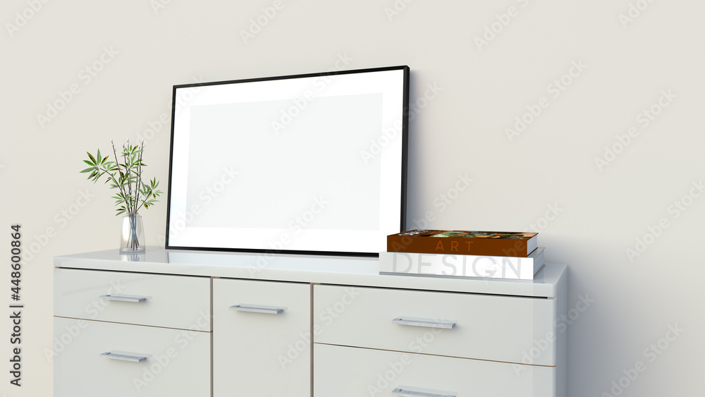 Wnętrze salonu z czarną ramą na zdjęcie render 3d