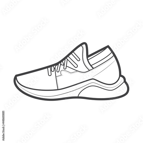 Shoes sneaker outline drawing vector, Sneakers drawn in a sketch style, black line sneaker trainers template outline, vector Illustration.