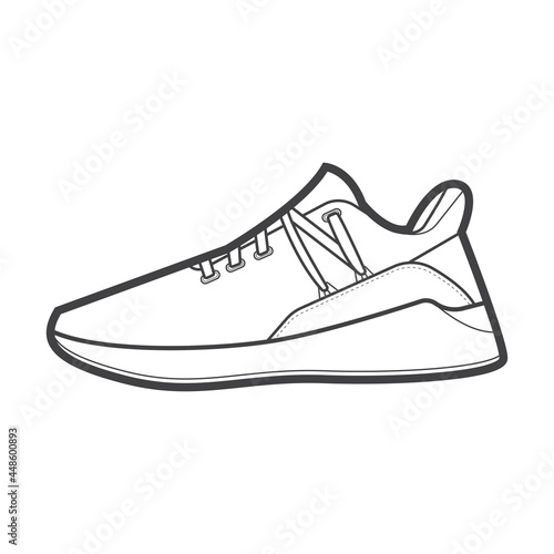 Shoes sneaker outline drawing vector, Sneakers drawn in a sketch style, black line sneaker trainers template outline, vector Illustration.