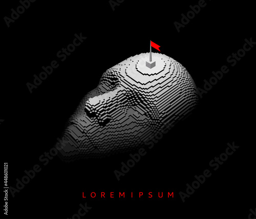 Abstract digital human head constructing from cubes. The concept of capturing human consciousness. Voxel art. 3D vector illustration for business presentations, flyers or posters.