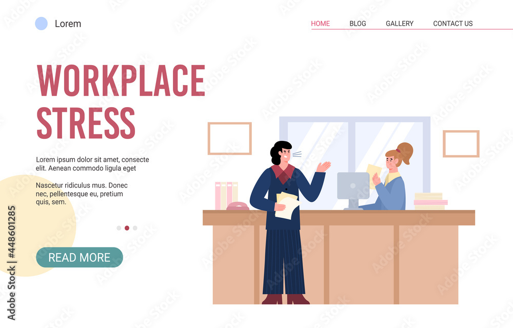 Workplace stress website banner with aggressive boss, flat vector illustration. Workplace stress website banner with aggressive boss, flat vector illustration.