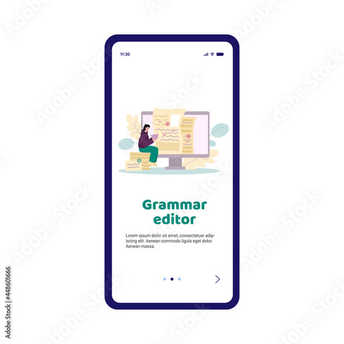 Grammar editor mobile app screen template, cartoon flat vector illustration.