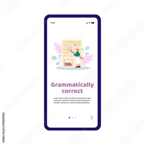 Grammar correction and text editor mobile app screen, flat vector illustration.