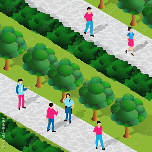 City park with trees and people walking vacationers lifestyle scene