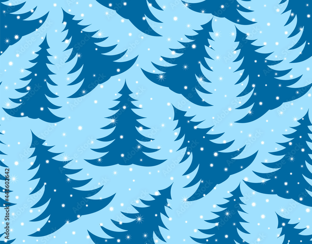 Obraz premium Merry Christmas vector seamless pattern with hand drawn Christmas trees, blue frosty colors