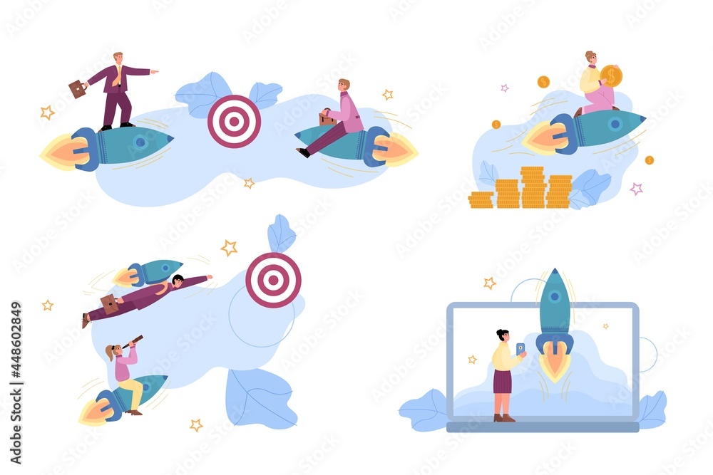 Set of business characters launching rocket, flat vector illustration isolated. Set of business characters launching rocket, flat vector illustration isolated.