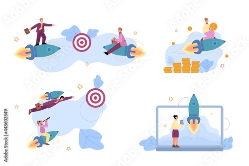 Set of business characters launching rocket, flat vector illustration isolated.
