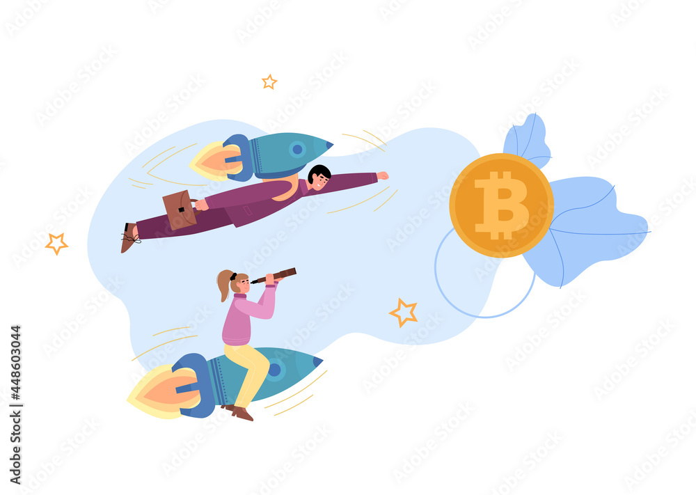 Business people fly on rocket to gold coin, flat vector illustration isolated. Business people fly on rocket to gold coin, flat vector illustration isolated.