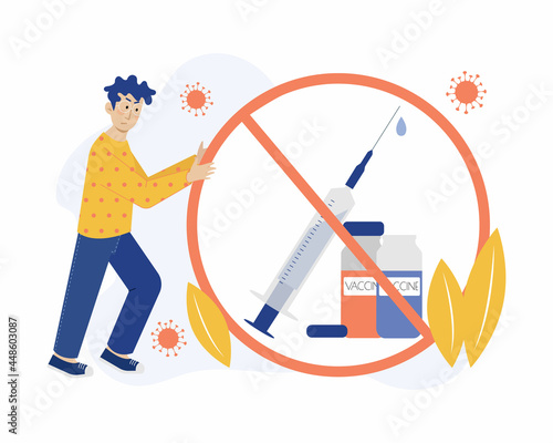 Refusal of vaccination vector concept illustration. Man moves refusal symbol. Healthcare metaphor. Flat illustration in cartoon style.