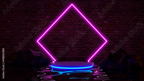 Blank product stand with neon lights on brick wall background. 3d rendering