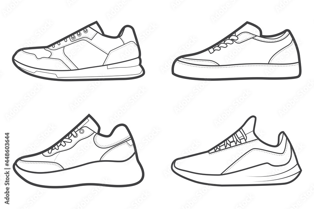 4 Cool Sneakers. Shoes sneaker outline drawing vector, Sneakers drawn in a sketch style, black line sneaker trainers template outline, Set Collection. vector Illustration. 4 Cool Sneakers. Shoes sneaker outline drawing vector, Sneakers drawn in a sketch style, black line sneaker trainers template outline, Set Collection. vector Illustration.