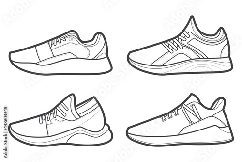4 Cool Sneakers. Shoes sneaker outline drawing vector, Sneakers drawn in a sketch style, black line sneaker trainers template outline, Set Collection. vector Illustration.