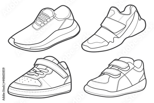 4 Cool Sneakers. Shoes sneaker outline drawing vector, Sneakers drawn in a sketch style, black line sneaker trainers template outline, Set Collection. vector Illustration.